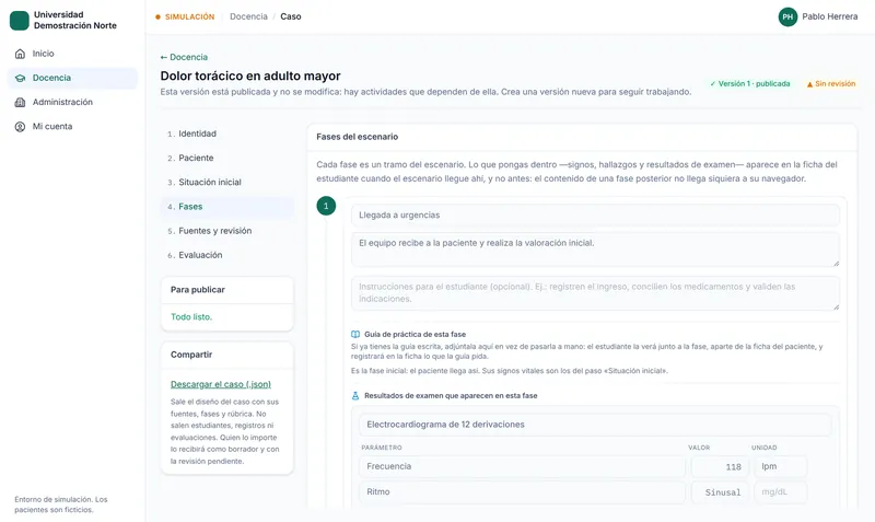 Editor de casos: fases del escenario y resultados de examen que aparecen en cada una.