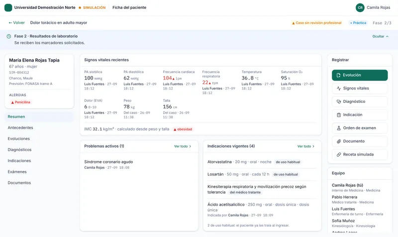 Ficha de un paciente ficticio en RCE Simulado: signos vitales, problemas activos e indicaciones.